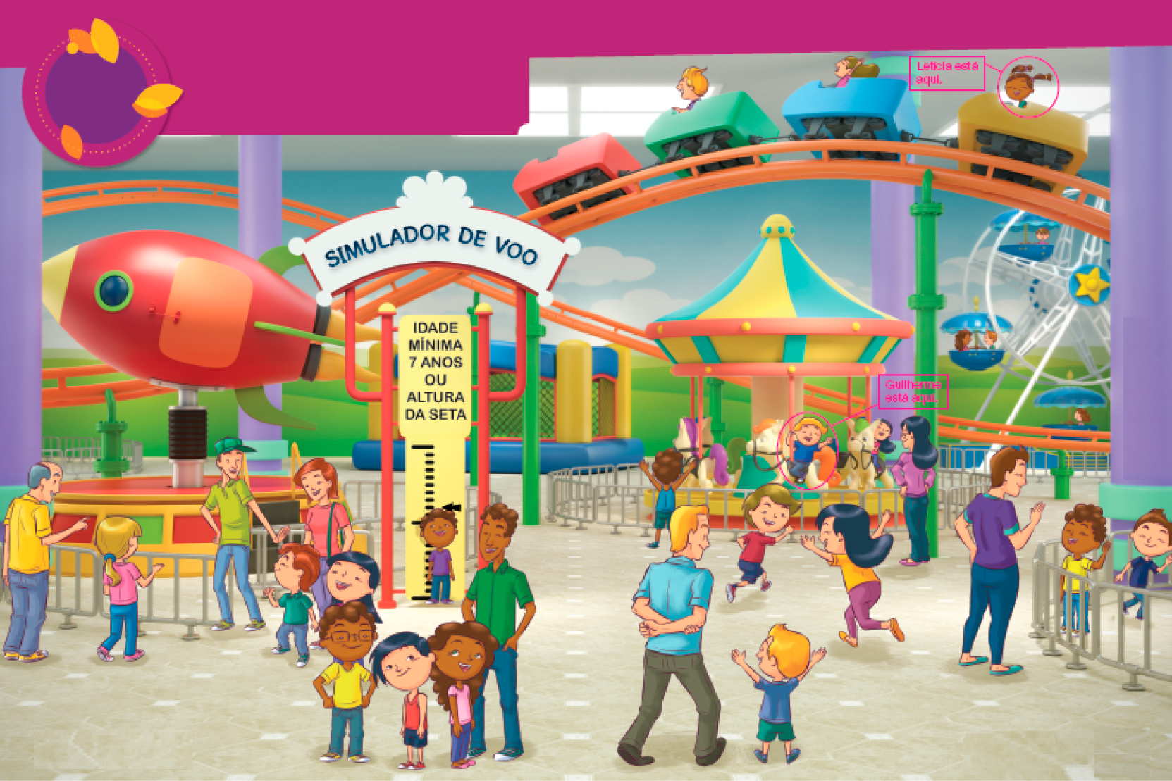 Imagem: Ilustração. Um parque de diversões coberto. À esquerda, um foguete grande e vermelho. Ao lado há uma placa com a informação: SIMULADOR DE VOO e um menino está encostado em uma faixa para medir a altura com a informação: IDADE MÍNIMA 7 ANOS OU ALTURA DA SETA. Ao lado há três adultos e duas crianças sorrindo. No centro, um homem e duas crianças sorriem e observam duas crianças uma de costas para a outra, medindo a altura. À direita há crianças correndo e adultos sorrindo. Em seguida, Guilherme e mais crianças estão em um carrossel de cavalos (Resposta: Guilherme está aqui). Acima deles, Letícia e duas crianças estão sentadas em carrinhos de uma montanha-russa (Resposta: Letícia está aqui). Ao fundo há uma roda-gigante e um pula-pula. Fim da imagem.