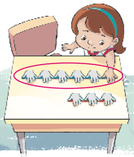 Imagem: Ilustração. Paloma, menina com cabelo castanho e tiara verde. Ela está sorrindo com a mão sobre um molde de palmo de mão. Na parte superior há três palmos e na parte inferior, seis palmos. Resposta: Há um círculo em volta do molde com seis palmos. Fim da imagem.