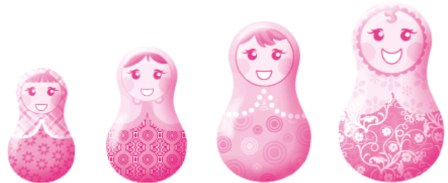 Imagem: Fotografia. Bonecas matrioskas por ordem de tamanho. À esquerda, a menor e à direita, a maior. Fim da imagem.