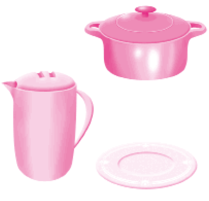 Imagem: Ilustração. Uma panela, um jarro e um prato.  Fim da imagem.