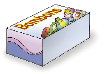 Imagem: Ilustração. Caixa de bombom com formato de paralelepípedo.  Fim da imagem.
