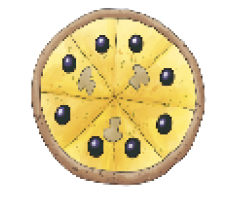 Imagem: Ilustração. Uma pizza de queijo com azeitonas.   Fim da imagem.