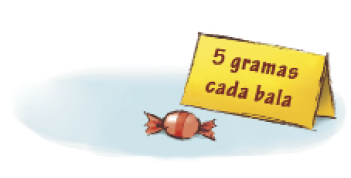 Imagem: Ilustração. Uma bala e ao lado, uma placa com a informação: 5 gramas cada bala.  Fim da imagem.