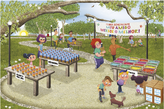 Imagem: Ilustração. Um parque com gramado e árvores. No centro, uma faixa com a informação: FEIRA BENEFICENTE - MEU AMIGO MERECE O MELHOR! À esquerda, uma mulher está ao lado de uma mesa com várias embalagens de ração. Abaixo, uma placa com a informação: RAÇÃO SABOROSA. Ao lado, uma menina está atrás de uma mesa com latinhas e abaixo, uma placa com a informação: ALIMENTO PARA CÃES. À direita há várias caminhas coloridas sobre uma mesa. Ao lado há caixas empilhadas com etiquetas (kit do melhor amigo). Na frente, um menino está olhando para um cachorro com pelo marrom, que está abanando o rabo. Ao lado, um menino loiro observa uma menina colocar uma caixa sobre a pilha de caixas. Atrás deles, um homem está com uma mão na cintura e a outra virada para cima. Na frente dele, uma mulher está andando e segurando um cachorro. Ao fundo, um homem está passeando com um cachorro, um homem, um menino e um cachorro estão sentados em um banco, Amélia e Bizi estão brincando com uma bolinha e Daniel está fazendo carinho em um cachorro, que está sentado. Ao lado, uma menina segura a coleira do cachorro e observa. Fim da imagem.