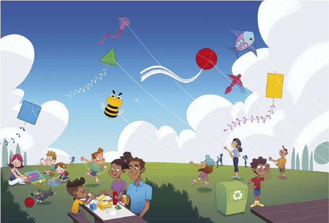 Imagem: Ilustração. À esquerda, uma mulher está sentada e cortando um papel roxo. Na frente dela, Daniel está montando a base de uma pipa. Ao seu lado, Amélia está colando um papel na base de uma pipa. Em seguida, Bizi está correndo atrás de uma bola vermelha (Resposta: Amélia, Daniel e Bizi estão aqui). No centro, uma família está sentada em volta de uma mesa e comendo. Entre eles há caixas com formato de cubo, paralelepípedo e pirâmide, uma garrafa cilíndrica e lanches. À direita, um jovem está com a mão sobre a cabeça e ao lado de um cesto de lixo reciclável. Atrás dele, adultos e crianças estão empinando pipas. No céu, pipas coloridas com formatos variados: um quadrado azul, um triângulo verde, uma abelha, um círculo vermelho, um peixe, uma ave e um retângulo amarelo. Fim da imagem.