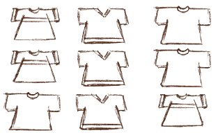 Imagem: Ilustração em preto e branco. Nove camisetas.   Fim da imagem.