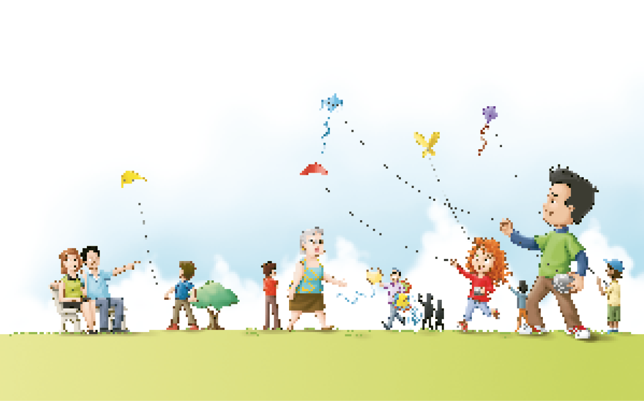 Ilustração. Caio, Melissa e várias crianças estão empinando pipas. Ao redor, adultos observam e sorriem.