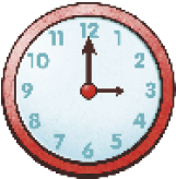 Ilustração. Relógio com o ponteiro pequeno no número 3 e o ponteiro grande sobre o número 12, indicando 03:00. 