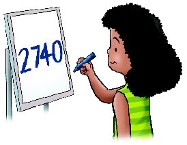 Ilustração. Amanda, jovem com cabelo encaracolado e regata listrada. Ela está sorrindo e segurando uma caneta. Na frente dela, um quadro com o número 2.740.