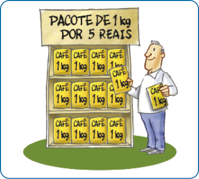 Ilustração. José, homem com cabelo grisalho está segurando dois pacotes de café com 1 kg cada. Na frente dele há uma prateleira com vários pacotes de café. Acima há uma placa com a informação: PACOTE DE 1 KG POR 5 REAIS. 