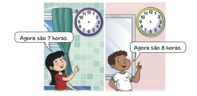 Ilustração. À esquerda, uma menina está apontando para um relógio de ponteiro pendurado na parede. Ela fala: Agora são 7 horas.  À direita, um menino está apontando para um relógio de ponteiro pendurado na parede. Ele diz: Agora são 8 horas. 