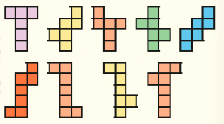 Ilustrações. Planificação 1. Três quadrados enfileirados. Abaixo do segundo há três quadrados empilhados. Planificação 2. Dois quadrados enfileirados. Acima e abaixo do segundo há um quadrado. À direita do quadrado superior há um quadrado e acima deste, outro quadrado. Planificação 3. Três quadrados enfileirados. Abaixo do segundo há dois quadrados empilhados. E acima do primeiro há um quadrado.Planificação 4. Quatro quadrados empilhados. À esquerda do segundo há um quadrado e à direita do terceiro há outro quadrado.Planificação 5. Dois quadrados empilhados. À direita do primeiro há mais dois quadrados empilhados. À direita do superior há mais dois quadrados empilhados.Planificação 6. Dois quadrados empilhados. À esquerda do segundo há quatro quadrados empilhados e à esquerda do quarto há um quadrado.Planificação 7. Cinco quadrados empilhados. À esquerda do primeiro há um quadrado e à direita do quinto há outro quadrado.Planificação 8. Cinco quadrados empilhados. À esquerda do primeiro há um quadrado e à direita do quarto há outro quadrado.Planificação 9. Cinco quadrados empilhados. À direita do primeiro há um quadrado e à esquerda do segundo há outro quadrado.
