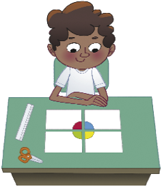 Imagem: Ilustração. Danilo observa o papel, que está cortado em quatro partes e os cantos coloridos estão unidos, formando um círculo (Juntou os cantos).  Fim da imagem.