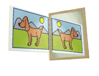 Imagem: Ilustração. À esquerda, um desenho de um cachorro. À direita, um espelho com o reflexo do desenho invertido.  Fim da imagem.