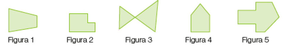 Imagem: Ilustração.  Figura 1: polígono com quatro arestas.  Figura 2: polígono com seis arestas.  Figura 3: dois triângulos com as pontas unidas. Figura 4: polígono com cinco arestas. Figura 5: polígono com nove arestas.   Fim da imagem.