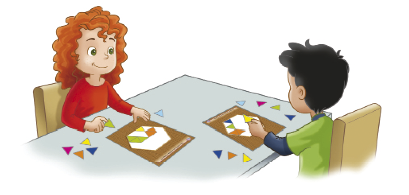 Imagem: Ilustração. Caio e Melissa estão sentados em volta de uma mesa. Entre eles há dois mosaicos e peças coloridas sobre uma mesa.  Fim da imagem.