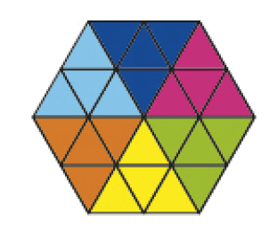 Imagem: Ilustração. Mosaico composto por quatro triângulos pequenos, formando um triângulo médio. Há seis triângulos médios coloridos (azul-escuro, rosa, verde, amarelo, laranja e azul-claro), que formam um hexágono.   Fim da imagem.