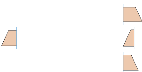 Imagem: Ilustração. À esquerda, metade esquerda de um trapézio médio. À direita:  1) metade direita de um trapézio grande.  2) metade esquerda de um trapézio pequeno.  3) metade direita de um trapézio médio.   Fim da imagem.