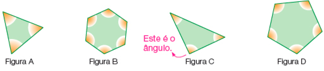 Imagem: Ilustrações. Figura A. Triângulo com destaque para três ângulos internos.  Figura B. Hexágono com destaque para seis ângulos internos. Figura C. Triângulo com destaque para três ângulos internos. Resposta: Este é o ângulo – Destaque para o ângulo na parte inferior.  Figura D. Pentágono com destaque para cinco ângulos internos. Fim da imagem.