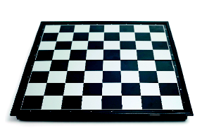 Imagem: Ilustração. Um tabuleiro de damas com trinta e duas casas pretas e trinta e duas casa brancas. Fim da imagem.