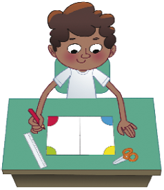 Imagem: Ilustração. Vista de cima de Danilo, menino com cabelo encaracolado. Ele está sentado em uma carteira escolar e na frente dele há um papel com os cantos pintados de cores diferentes. Ao lado há uma régua e uma tesoura (Danilo pintou os quatro cantos).   Fim da imagem.