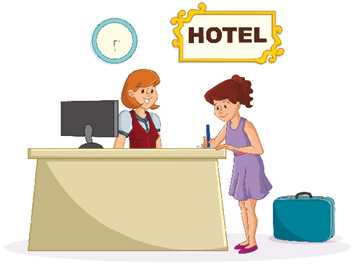 Imagem: Ilustração. Uma mulher está segurando uma caneta sobre um papel em um balcão. Ao seu lado, uma mulher a observa atrás do balcão. Ao fundo, um relógio e uma placa com a informação: HOTEL.  Fim da imagem.
