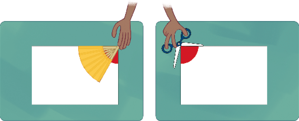 Imagem: Ilustração. Uma mão segurando um leque sobre uma folha retangular. No canto superior direito, destaque para o ângulo interno.  Ao lado, uma mão segurando uma tesoura aberta sobre o canto superior esquerdo da folha com destaque para o ângulo interno.   Fim da imagem.