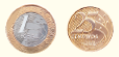 Imagem: Fotografia. Uma moeda de um real e uma moeda de vinte e cinco centavos. Fim da imagem.