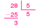 Divisão na chave. À esquerda da chave, o dividendo: 28. À direita da chave, o divisor: 5. Abaixo do dividendo, sinal de subtração e o número 25. Em seguida, traço horizontal e resto: 3. Abaixo da chave, o quociente: 5. 
