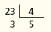 Imagem: Divisão na chave. À esquerda da chave, o dividendo: 23. À direita da chave, o divisor: 4. Abaixo do dividendo, o número 3. Abaixo da chave, o quociente: 5. Fim da imagem.