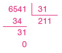 Divisão na chave. À esquerda da chave, o dividendo: 6.541. À direita da chave, o divisor: 31. Abaixo do dividendo, o número 34. Em seguida, traço horizontal e o número 31. Em seguida, o número 0. Abaixo da chave, o quociente: 211. 