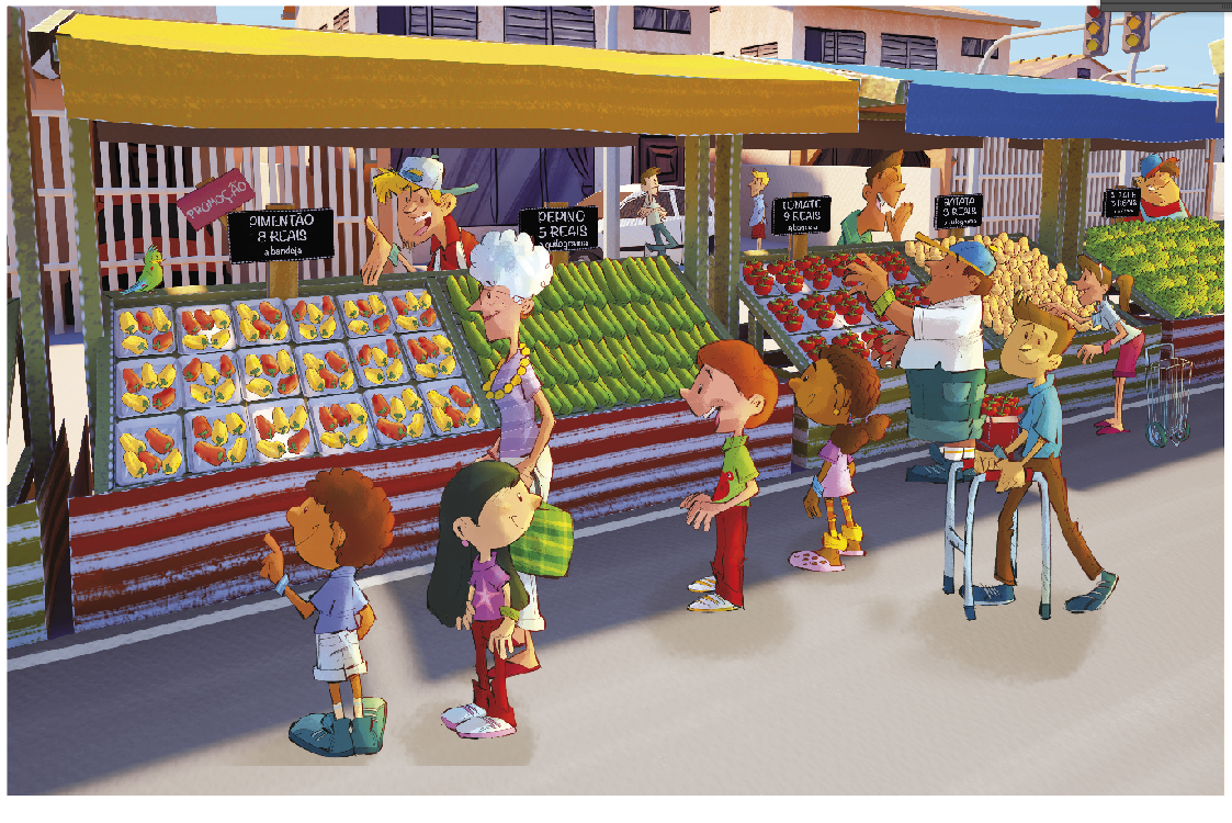 Imagem: Ilustração. Marcos, Beatriz, Roberto, Vanessa, uma senhora, dois homens e uma mulher estão andando em uma rua e ao lado deles há uma feira com barracas, frutas, legumes e verduras. Resposta: Marcos, Beatriz, Roberto e Vanessa estão aqui. Nas barracas, placas com as informações: PROMOÇÃO - PIMENTÃO 8 REAIS A BANDEJA; PEPINO 5 REAIS O QUILOGRAMA; TOMATE 9 REAIS A BANDEJA; BATATA 3 REAIS O QUILOGRAMA; ALFACE 3 REAIS A UNIDADE. Atrás das barracas há homens e ao fundo, casas e carros.   Fim da imagem.