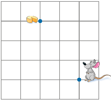 Imagem: Ilustração. Malha quadriculada com cinco colunas e cinco fileiras. No quadrado da coluna cinco e fileira quatro há um ratinho. E no quadrado da coluna dois e fileira um há um queijo. Fim da imagem.
