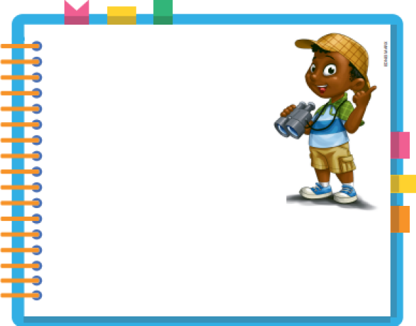 Imagem: Ilustração. Um menino negro, usando chapéu xadrez, camiseta, short e tênis. Ele está em pé, segurando com a mão esquerda um binóculo. Ao redor, borda azul com espiral amarela à esquerda. Há uma um pedaço de fita rosa, amarela e verde na parte superior e rosa, amarela e laranja à direita. Fim da imagem.