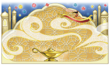 Imagem: Ilustração. Uma lâmpada, composta por uma haste à esquerda e uma ponta à direita. Da ponta sai uma fumaça com estrelas. No fundo, uma pessoa sobre um tapete voador e as torres de um palácio.  Fim da imagem.