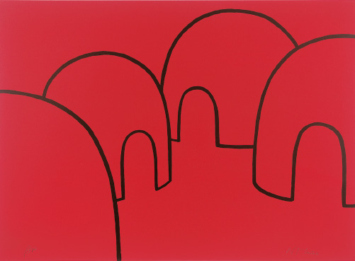 Imagem: Pintura. Quatro contornos de iglus redondos sobre fundo vermelho. Fim da imagem.