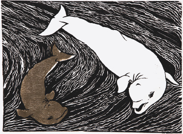 Imagem: Xilogravura. Uma baleia grande e branca está nadando e olhando para uma baleia pequena e marrom. Em volta delas há linhas brancas sobre fundo preto. Fim da imagem.