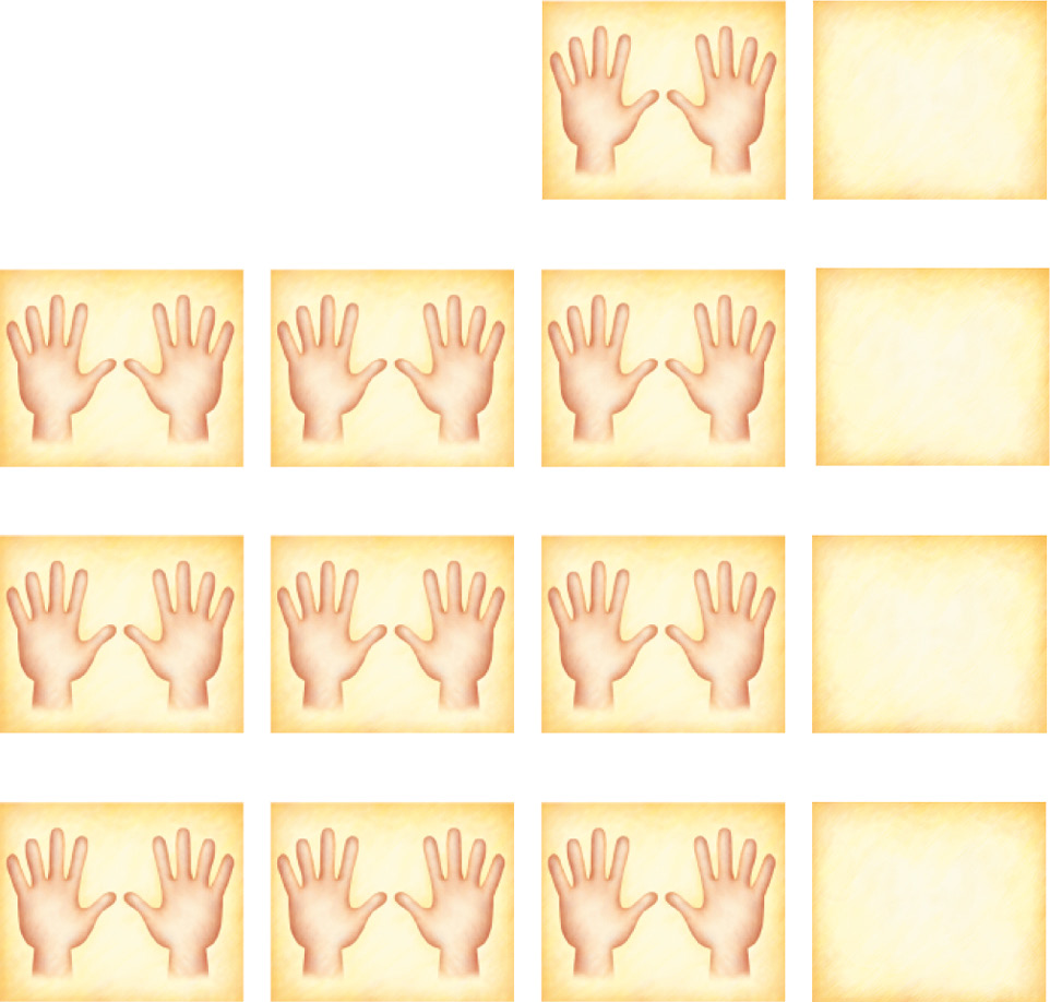 Imagem: Ilustração. Quadrinhos amarelos com duas mãos no meio representado a palma. E quadrinhos amarelos representando o silêncio. Estão divididos em fileiras: Fileira 1: palma, silêncio.  Fileira 2: palma, palma, palma, silêncio. Fileira 3: palma, palma, palma, silêncio. Fileira 4: palma, palma, palma, silêncio.  Fim da imagem.