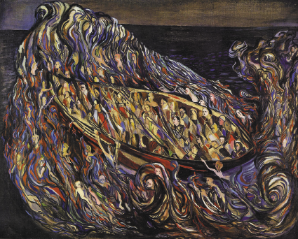 Imagem: Pintura. No centro, um barco com várias pessoas dentro está em cima de uma onda colorida com silhuetas de pessoas. Ao fundo, o mar e o céu escuros. Fim da imagem.