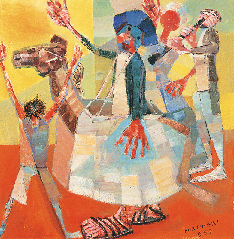 Imagem: Pintura abstrata. No centro, pessoa com fantasia de bumba meu boi. Ao lado, uma criança está de costas com os braços levantados. Ao fundo, um homem está tocando flauta e uma pessoa está dançando. Fim da imagem.