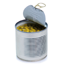 Imagem: Fotografia. Lata de metal sem rótulo aberta com ervilhas no interior. Fim da imagem.