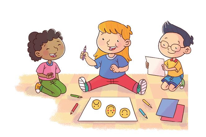 Imagem: Ilustração. Menina de cabelo cacheado castanho, vestindo camiseta rosa e calça verde. Está ajoelhada no chão, sorrindo. Ao lado, menina de cabelo longo loiro, vestindo camiseta azul e calça vermelha. Está sentada com as pernas abertas. À frente, há um papel com três carinhas em expressões diferentes: sorrindo, tímido e triste. Ao lado, papéis coloridos e lápis. À esquerda da menina loira, um menino de cabelo curto preto, vestindo camiseta amarela e bermuda azul, segurando uma folha de papel. Fim da imagem.