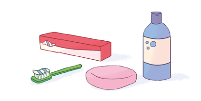 Imagem: Ilustração. Escova de dente. Ilustração. Caixa de pasta de dente. Ilustração. Sabonete. Ilustração. Frasco de shampoo.  Fim da imagem.