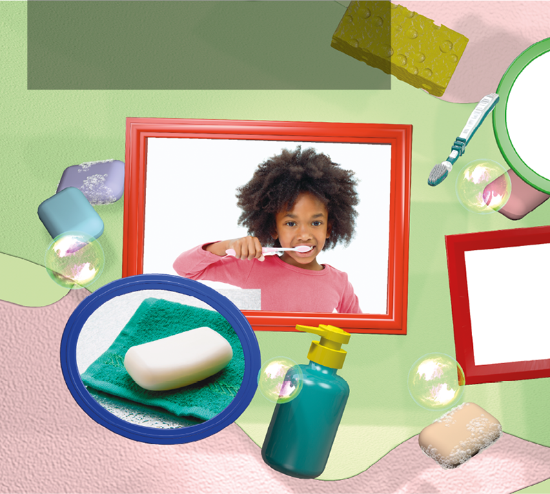 Imagem: Fotografia complementar das páginas 12 e 13. Destaque de um quadro emoldurado em laranja com uma menina de cabelo cacheado castanho, escovando os dentes. Abaixo, quadro emoldurado em azul com um sabonete e uma esponja. Ao lado, sabonetes, bolhas de sabão e recipientes, esponjas e escova de dente.  Fim da imagem.