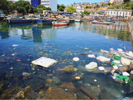 Imagem: Fotografia. Vista de lago com resíduos flutuando sobre a superfície. Em segundo plano, casas e barcos sobre a margem. Fim da imagem.
