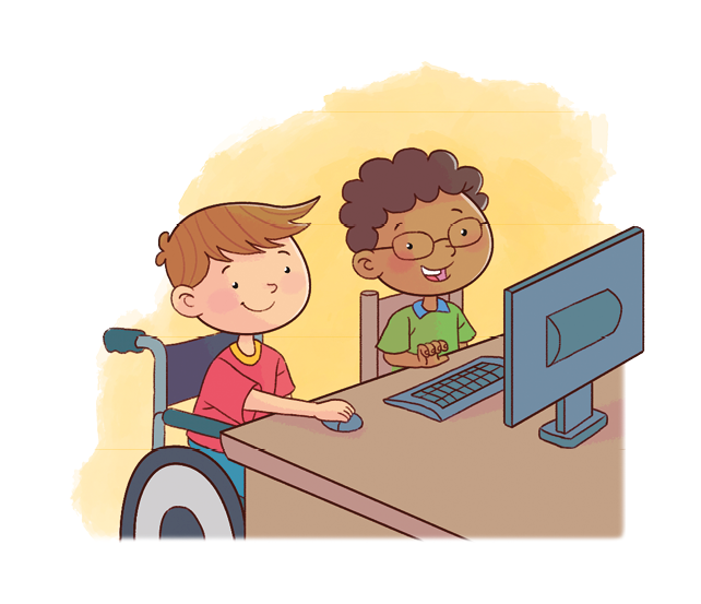Imagem: Ilustração. Dois meninos sentados em frente a um computador. Menino de cabelo curto cacheado preto com par de óculos retangular. Ao lado, menino de cabelo curto loiro, vestindo camiseta vermelha, sentado em uma cadeira de rodas, está segurando um mouse.  Fim da imagem.