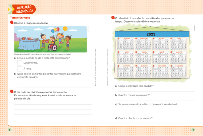 Imagem: Ilustração. Exemplifica como será a seção Avaliação diagnóstica. Página dupla composta por textos e imagens. Fim da imagem.