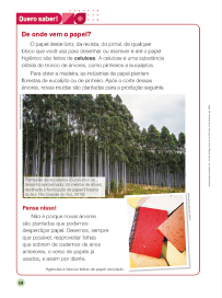 Imagem: Ilustração. Exemplifica como será o boxe Quero saber!. Página composta por textos, boxe complementar e imagens. Fim da imagem.