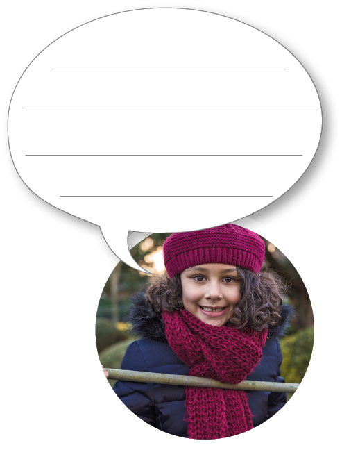 Imagem: Fotografia. Menina de cabelo cacheado preto e touca roxa. Está com cachecol roxo e casaco azul. Ao lado, um balão de fala. Fim da imagem.