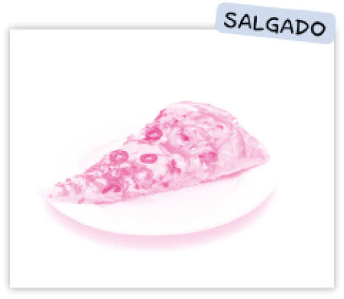 Imagem: Quadro com a inscrição SALGADO: Fotografia. Pedaço de pizza. Fim da imagem.